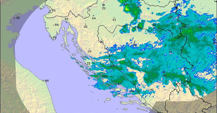 Radarska slika oblakov in padavin na Jadranu